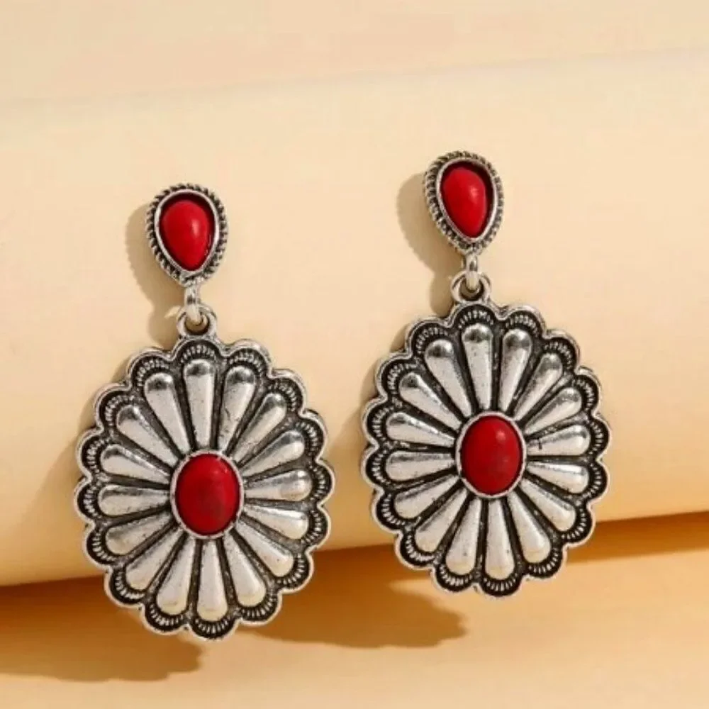 WESTERN SILVER RED TURQUOISE CONCHO SANTA FE STYLE DANGLE EARRINGS